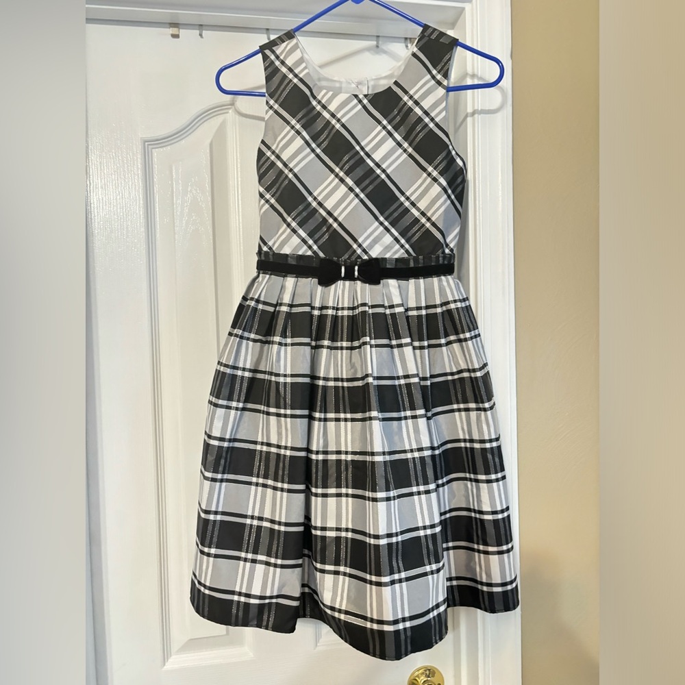 Gorgeous Girls black, white, and silver plaid dress w/ velvet cardigan shawl.